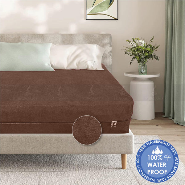 Waterproof Zipper Mattress Protector (Brown ColorTerry Cotton Waterproof Mattress Zipper | Copper Color - 100% Waterproof-Cotton Terry Fabric Mattress Pad Cover Encasement – Six-Sided Enhanced Protection